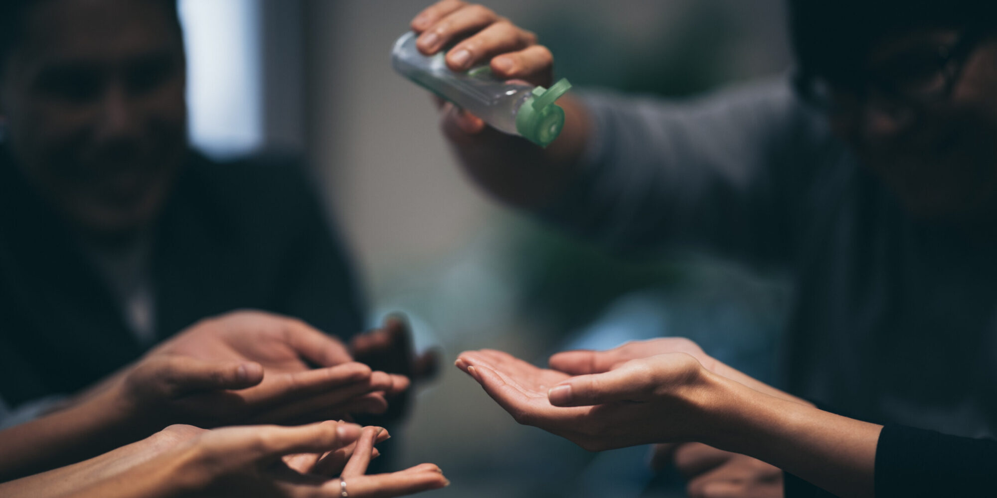 people cleaning hand with alcohol gel, covid-19 protected concept
